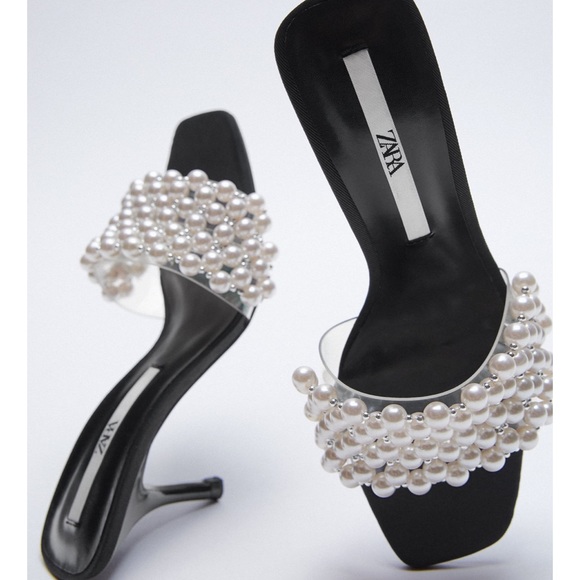 ZARA Pearl Trim Heeled Sandals 10/41 - Picture 5 of 6